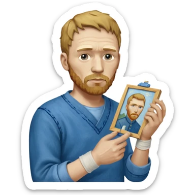 van gogh paints on a canvas. On his right he has a bandage sticker