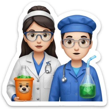 an otter disguised as a woman garbage collector next to a white man mad scientist with dark hair sticker