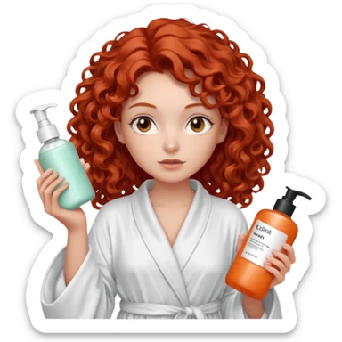 Cartoon emoji of a girl with voluminous curly red hair, fair skin, warm brown eyes. Wearing a chic milky silk robe with long sleeves, no makeup. Portrait mode, holding 3 moisterizers or different skin care products, looking super doubtful twisted and unsure. Smooth, simple, stylized." sticker