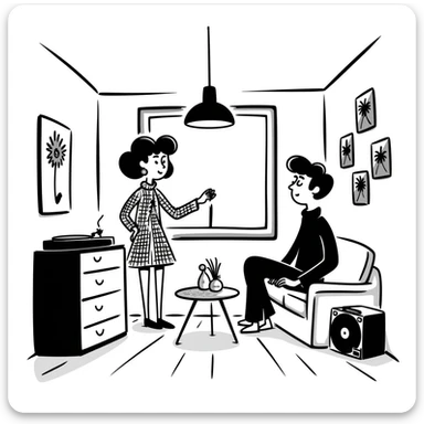 A mid-century modern living room with two people working on laptops — a woman standing at a dresser and a man sitting on a couch. The room has visible floor and two walls forming a corner, large window, modern pendant lamp, turntable, vinyl record stand, retro posters on the wall sticker