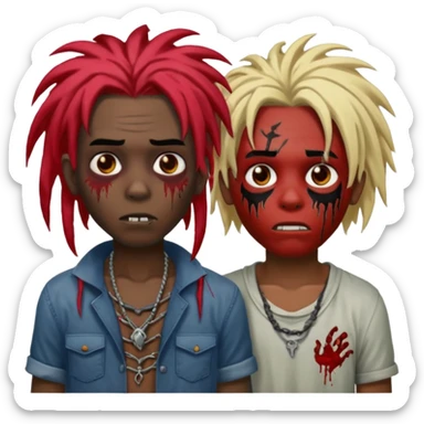 make two zombie boys, preferably black, both with dreadlocks, one with short hair, half blond and half black, and the second with long dreadlocks (up to the shoulder) with red roots and black tips  sticker