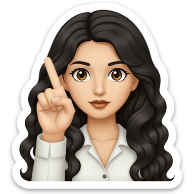 woman with olive skin, brown eyes and long lashes, and long black wavy hair holding up one hand and showing her one middle finger sticker