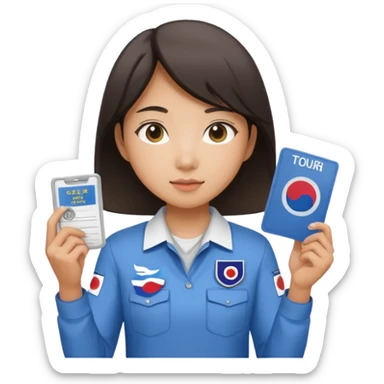 A young Asian guide holding her tour license in both hands, wearing a white shirt with the South Korea badge on her chest. sticker
