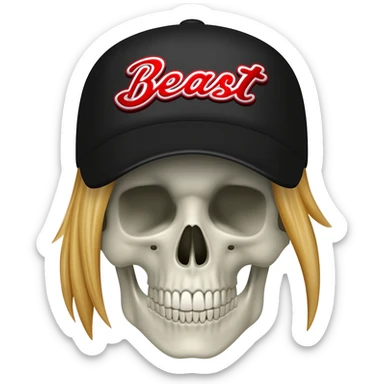 A skullhead thats wearing a black baseball cap with the words "Beast" in red and white with blonde hair sticker