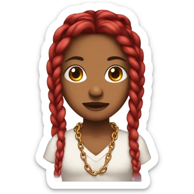 brown skin with red braids wearing a chain that says baddies sticker