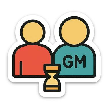 ultra-minimalist icon of two simple figures side by side representing player and GM, with a small clock or hourglass, worn and distressed style sticker