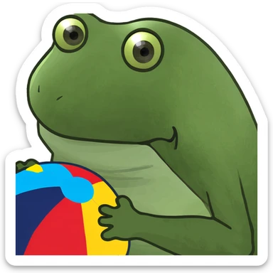 bufo frog with a beach ball, dancing under bright sun, surrounded by party decorations on the beach sticker
