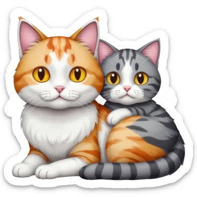 full body colourful light patched calico + white tabby cat cuddling a bigger cat that is dark grey and white tabby cat  and they are in love sticker