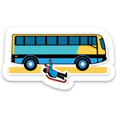 A person laying underneath a bus fixing sticker