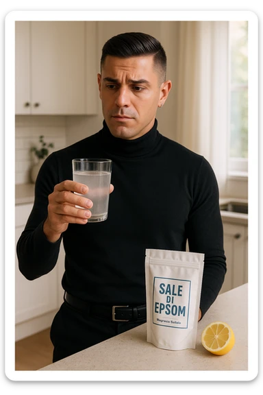 A realistic, bright photo-style image of a young man in his 30s standing in his kitchen, holding a clear glass filled with water in which Epsom salt (magnesium sulfate) has been dissolved. He looks focused but slightly uncertain as he prepares to drink it for a liver flush or digestive cleanse. The glass shows slight cloudiness from the dissolved salt. On the counter are a packet labeled 'Sale di Epsom' and a sliced lemon, suggesting he might use it to mask the taste. The setting is clean, natural, and bright with neutral tones. The background shows sunlight streaming through a window, emphasizing a clean, minimalist health-focused environment. The mood conveys a realistic, calm moment of self-care with a hint of discomfort, illustrating a natural detox practice in italiano sticker