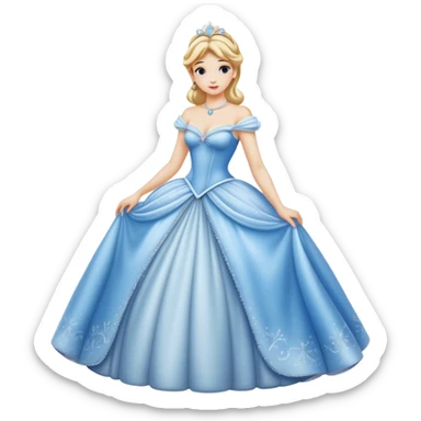Cinematic Realistic Cinderella Portrait, showcasing her regal elegance in a full ball gown rendered with exquisite detail. Her fair, luminous skin and lustrous blonde hair are highlighted by subtle, shimmering accents and gentle natural light, evoking a magical, transformative aura. sticker