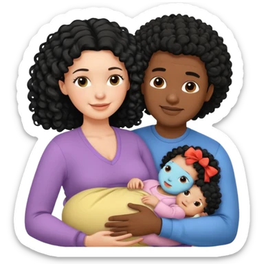 family: white woman curly black hair, black man with short black frizz hair, one 2 y o daughter , and a newborn in the and of the mother sticker