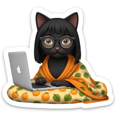 A black female cat working on a MacBook, with long, black straight hair, with round frames and thin glasses, and she wears a blanket with an orange fruit pattern sticker