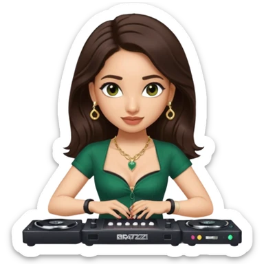 pretty bratz genmoji that looks like tamannah bhatia (bollywood actress), wearing a dark green sweetheart neckline top, dark brown hair, light makeup, no necklace, dangly earrings, side hair part, dark brown eyes, djing sticker