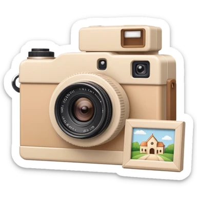 A beige camera and a printed photo frame next to it sticker