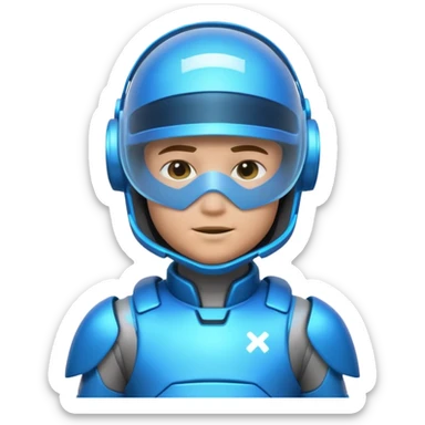 “Futuristic Roblox boy emoji, 2050 style. Blue neon visor, cyber helmet, metallic skin glow, hologram lines, tech-suit with glowing seams, soft neon background.” sticker