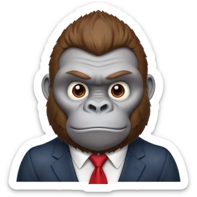 Brown haired cartoon gorilla with tufted tip of hair on the top of his head, light skin tone, heavy brows and cartoony eyes, he is a strong ape with and a red tie x💪🦍 sticker
