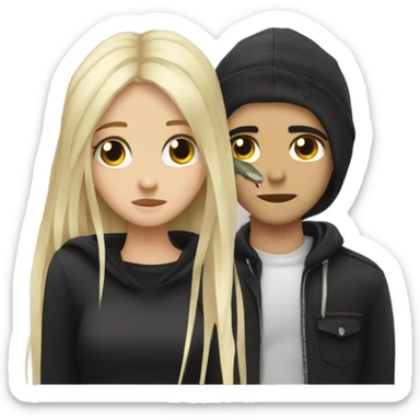 Emo couple hugging  guy with emo hair black snake bite lip rings hair girl with blonde hair sticker