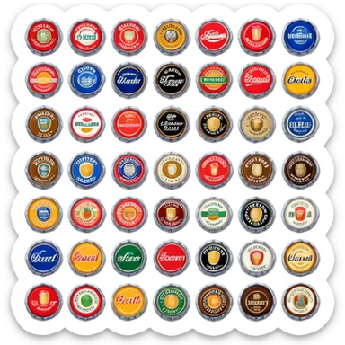 Icon for Beer Cap Collecting: a collection of colorful beer caps from different brands, arranged neatly on a table or in a display case. The icon should reflect the variety and charm of beer cap collecting. Transparent background. sticker