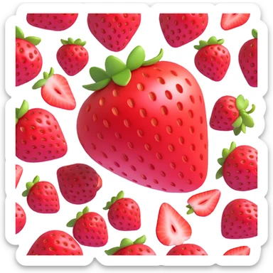 Red whole and sliced strawberry in iOS 3D style with bright colors, soft shadows, glossy highlights, realistic 3D form, smooth gradients, modern look, no background. sticker