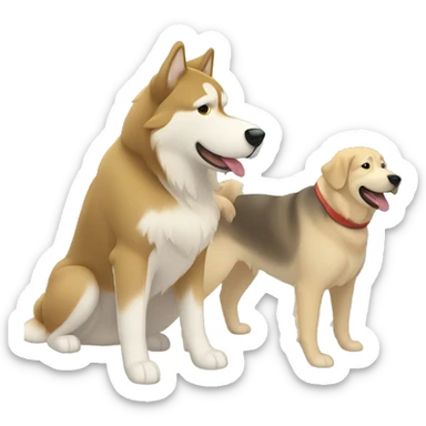Light Brown malamute playing with a golden Labrador in the woods  sticker