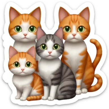 3 different coloured tiny short haired cats, including a dark grey and white cat with green eyes,and  a ginger and white with orange eyes and a brown tabby and white with hazel eyes sticker