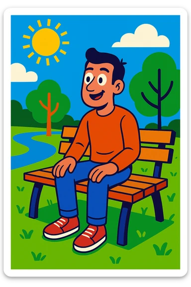 man sitting on a bench in a park, sunny day, vibrant cartoon style sticker