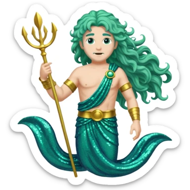 Neptune from Roman Deities with long sea green wavy hair, sea green sequin toga sticker