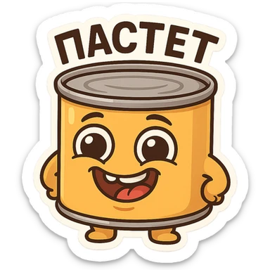 Funny pâté can character, smiling face with big eyes, goofy expression, cartoon style, chubby cute proportions, bright colors, playful illustration, meme-like vibe, text on top "ПАСТЕТ" in Cyrillic, bold and readable sticker