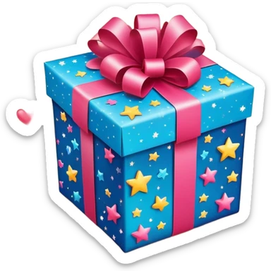 cute gift box with sparkling stars and hearts, smiling wrapping paper, vibrant colors, joyful and romantic mood sticker