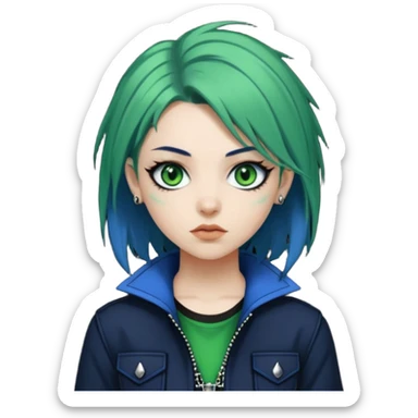 woman with white skin and green eyes, her hair is shoulder length black with navy blue hime cut layers, wearing green and blue y2k and punk themed clothes  sticker