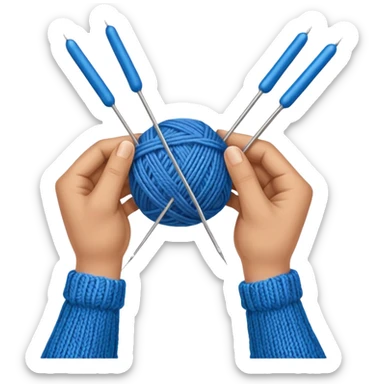 hands holding 2 knitting needles (1 on the right hand and another one on the left hand) with a ball of knitting thread (without a person's face) sticker