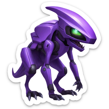 a black-purple Genesect-Raptor-Fakémon—hybrid with a futuristic visor-helmet full body sticker