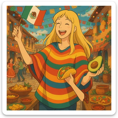 cartoon of a tall blonde woman in a colorful poncho, smiling, holding a taco and avocado, waving a Mexico flag, dancing in a festive street party background with food and decorations sticker
