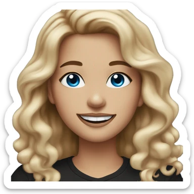 White-skinned adult woman, smiling, glitter makeup on her face, blue eyes, long brown-to-blonde ombre wavy hair, ring earrings, black T-shirt. sticker