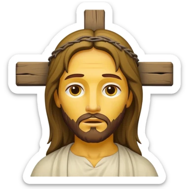 Jesus Christ on the cross, simplified, iconic, yellow face, gentle expression sticker