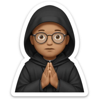 Monk priest prayer black habit with hood round black glasses done light brown wavy hair under hood remove the medallion smaller more round glassed age 46 remove necklace thinner or more oval face  sticker