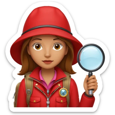Explorer woman with red jacket backpack and magnifying glass sticker