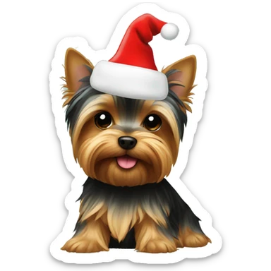 A yorkie wearing a Christmas hat sticker
