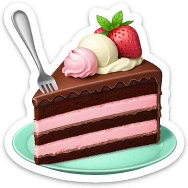 Slice of chocolate cake with strawberry icing and a scoop of mint ice cream on the side sticker