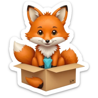 cute fox sitting in a cardboard box with a playful expression sticker