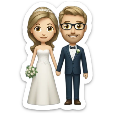 Wedding couple. Bride has brown hair pinned up. She wears lace dress. She has blue eyes. Groom has olive green suit and brown vest. He has blond hair. He wears glasses. He has blue eyes too. sticker