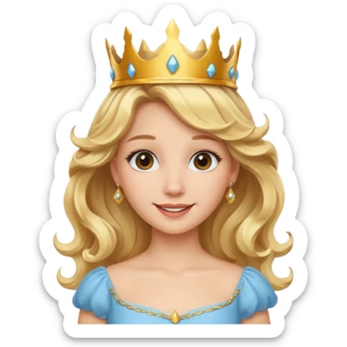 Cheerful blonde princess with wavy hair and light blue dress, wearing crown sticker