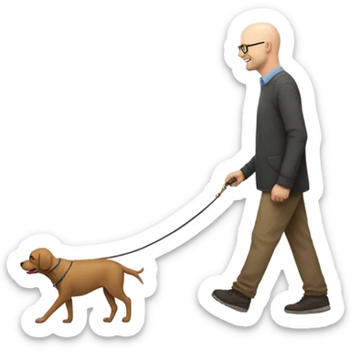 Bald white man with glasses walking a small brown dog sticker