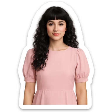 white woman, long black curly hair, bangs, dark brown eyes, pastel pink dress, standing sticker