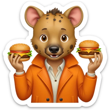 hyena with hamburger wearing orange coat sticker
