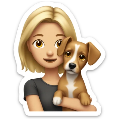 girl with dirty blonde hair, with her little tan dog with floppy ears sticker