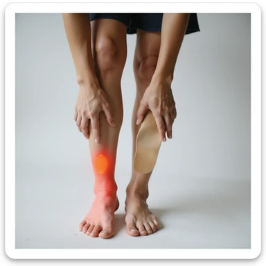 woman standing with shoe off, orthopedic insole clearly visible and foot red, expression of pain, realistic style, neutral background sticker