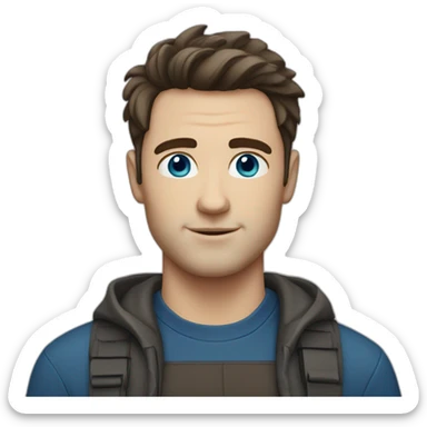 shaved white man with messy mid long dark brown hair blue eyes sticker