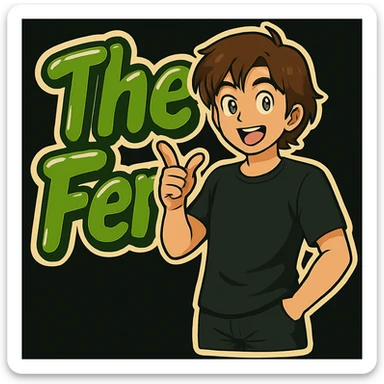 Edit the anime man to wear a black t-shirt with no jacket, standing in front of green bubble letters that say 'The Fern'. Keep his medium-length brown hair and expressive anime face. Maintain a rounded, glossy, energetic vibe in the style of the original image. sticker